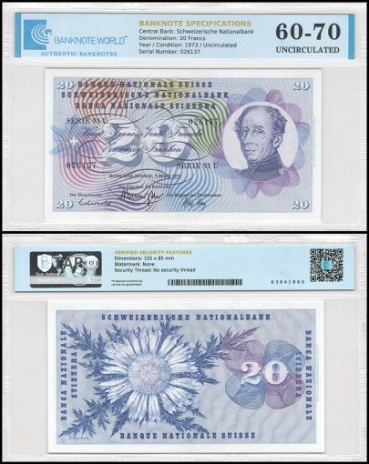 Switzerland 20 Francs Banknote, 1973, P-46u.2, UNC, TAP 60-70 Authenticated
