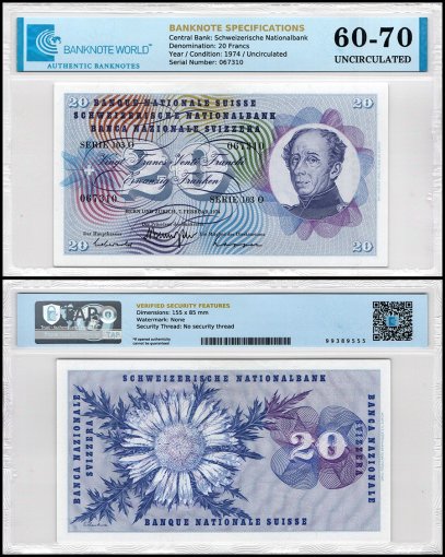 Switzerland 20 Francs Banknote, 1974, P-46v.1, UNC, TAP 60-70 Authenticated