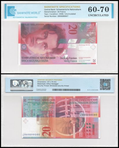 Switzerland 20 Francs Banknote, 2008, P-69e.2, UNC, TAP 60-70 Authenticated