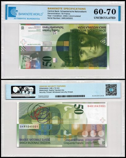 Switzerland 50 Francs Banknote, 2004, P-71b.1, UNC, TAP 60-70 Authenticated