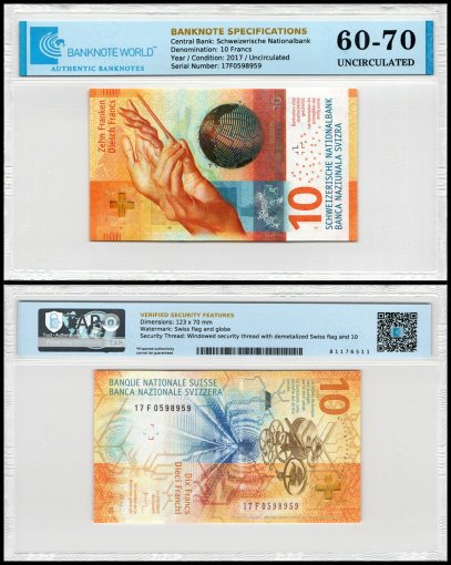 Switzerland 10 Francs Banknote, 2017, P-75d.3, UNC, TAP 60-70 Authenticated