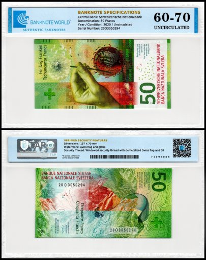Switzerland 50 Francs Banknote, 2020, P-77d.3, UNC, TAP 60-70 Authenticated