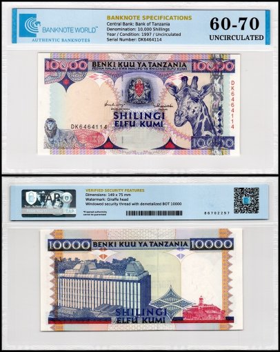 Tanzania 10,000 Shillings Banknote, 1997 ND, P-33, UNC, TAP 60-70 Authenticated