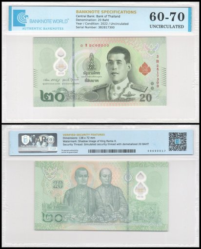 Thailand 20 Baht Banknote, 2022, P-142a.1, UNC, Polymer, TAP 60-70 Authenticated