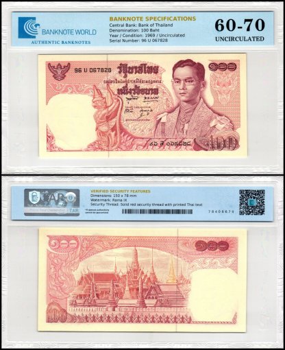 Thailand 100 Baht Banknote, 1969-1978 ND, P-85a.8, UNC, TAP 60-70 Authenticated