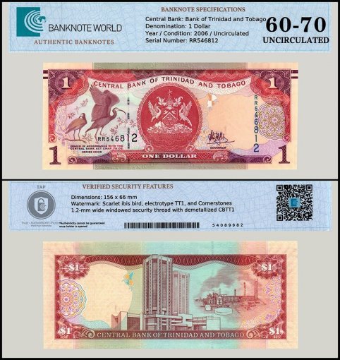 Trinidad & Tobago 1 Dollar Banknote, 2006, P-46A.2, UNC, TAP 60-70 Authenticated