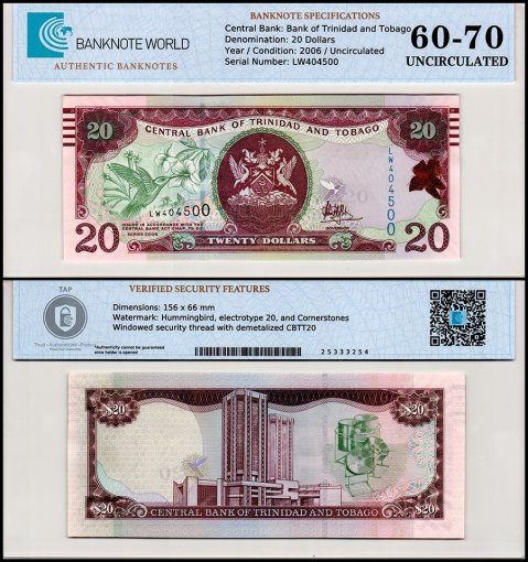 Trinidad & Tobago 20 Dollars Banknote, 2006, P-49c, UNC, TAP 60-70 Authenticated