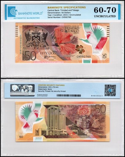Trinidad & Tobago 50 Dollars Banknote, 2015, P-59, UNC, Polymer, TAP 60-70 Authenticated