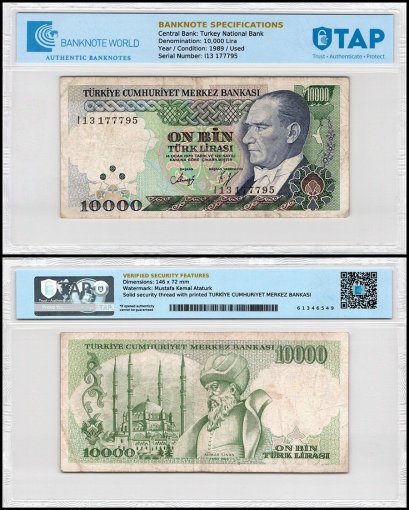 Turkey 10,000 Lira Banknote, L.1970 (1989 ND), P-200, Used, TAP Authenticated