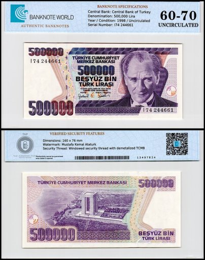 Turkey 500,000 Lira Banknote, L.1970 (1998 ND), P-212a.1, UNC, Prefix I, TAP 60-70 Authenticated