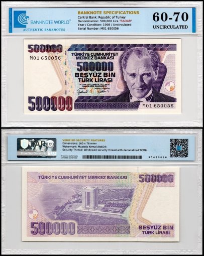 Turkey 500,000 Lira Banknote, L.1970 (1998 ND), P-212a.3, UNC, Prefix M, Radar Serial #M01 650056, TAP 60-70 Authenticated