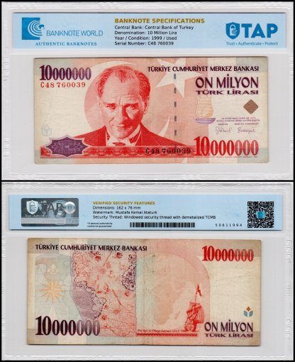 Turkey 10 Million Lira Banknote, L.1970 (1999), P-214, Used, TAP Authenticated