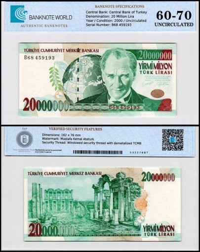 Turkey 20 Million Lira Banknote, L.1970 (2000), P-215a.1, UNC, Prefix B, TAP 60-70 Authenticated
