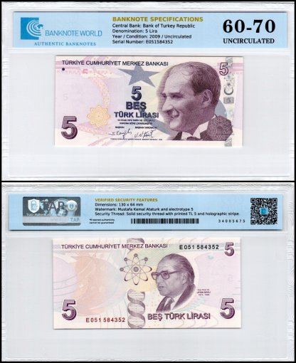 Turkey 5 Lira Banknote, L.1970 (2009 ND), P-222e, UNC, TAP 60-70 Authenticated