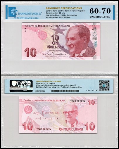 Turkey 10 Lira Banknote, L.1970 (2009), P-223f, UNC, TAP 60-70 Authenticated