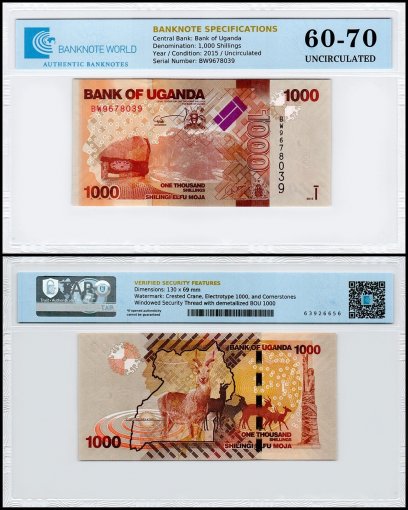 Uganda 1,000 Shillings Banknote, 2015, P-49d, UNC, TAP 60-70 Authenticated