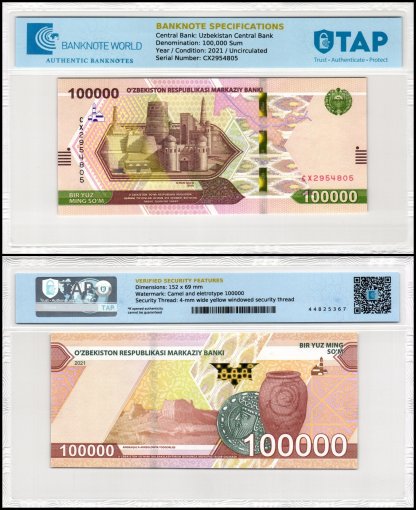 Uzbekistan 100,000 Sum Banknote, 2021, P-92, UNC, TAP Authenticated