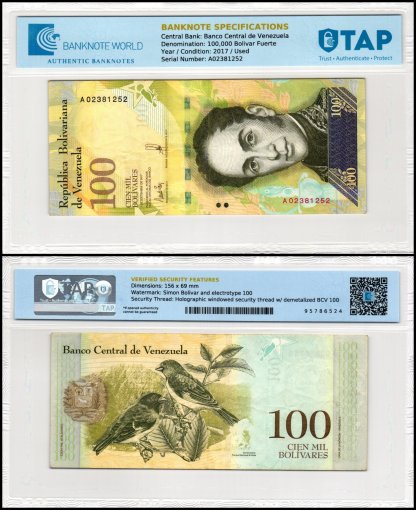 Venezuela 100,000 Bolivar Fuerte Banknote, 2017, P-100, Used, TAP Authenticated