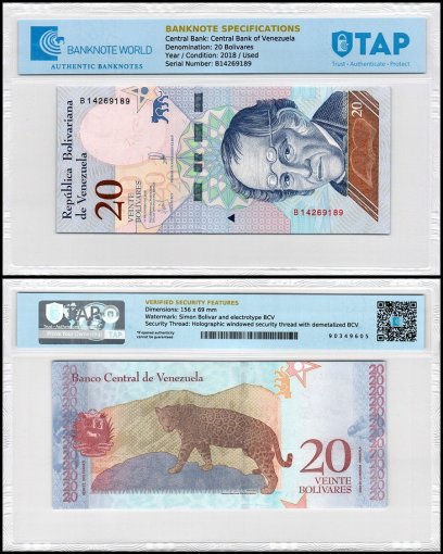 Venezuela 20 Bolivar Soberano Banknote, 2018, P-104a, Used, TAP Authenticated