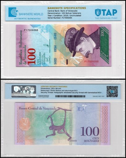 Venezuela 100 Bolivar Soberano Banknote, 2018, P-106a.3, UNC, TAP Authenticated