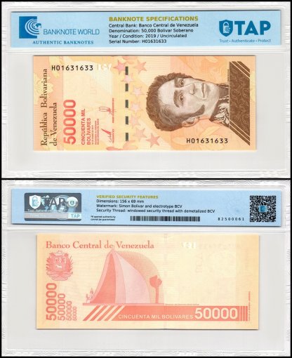 Venezuela 50,000 Bolivar Soberano Banknote, 2019, P-111a.2, UNC, TAP Authenticated