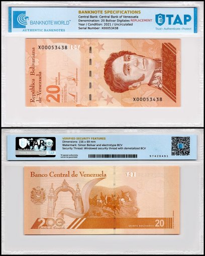 Venezuela 20 Bolivar Digital (Digitales) Banknote, 2021, P-117z, UNC, Replacement - 20 Million Soberano, TAP Authenticated