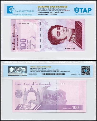 Venezuela 100 Bolivar Digital (Digitales) Banknote, 2021, P-119, UNC - 100 Million Soberano, Radar Serial #, TAP Authenticated