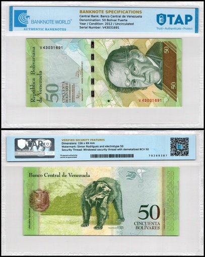 Venezuela 50 Bolivar Fuerte Banknote, 2012, P-92g, UNC, TAP Authenticated