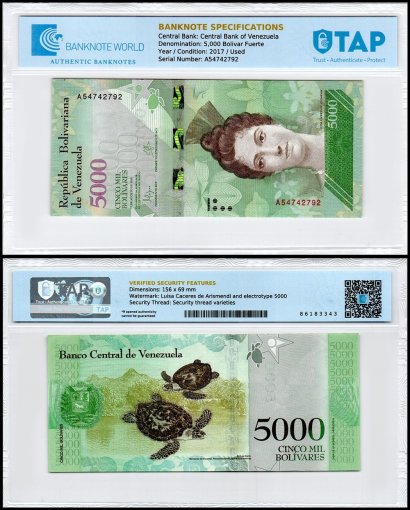 Venezuela 5,000 Bolivar Fuerte Banknote, 2016-2017, P-97, Used, TAP Authenticated