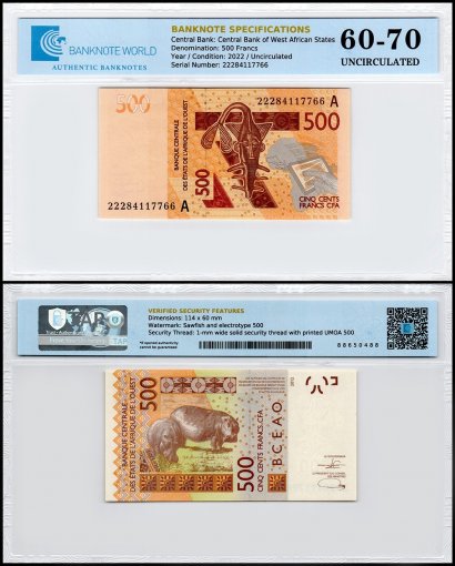 West African States - Ivory Coast 500 Francs Banknote, 2022, P-119Ak, UNC, TAP 60-70 Authenticated
