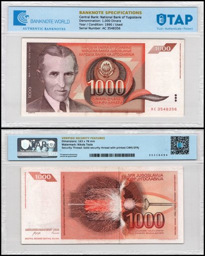 Yugoslavia 1,000 Dinara Banknote, 1990, P-107, Used, TAP Authenticated