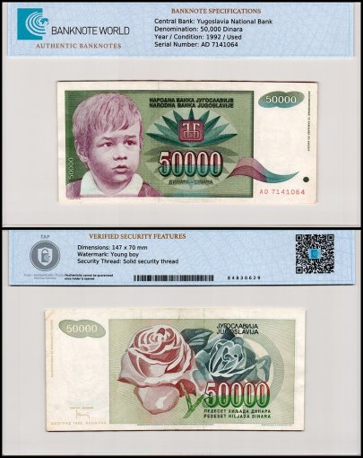 Yugoslavia 50,000 Dinara Banknote, 1992, P-117, Used, TAP Authenticated