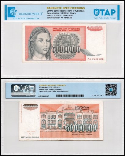 Yugoslavia 50 Million Dinara Banknote, 1993, P-123, Used, TAP Authenticated