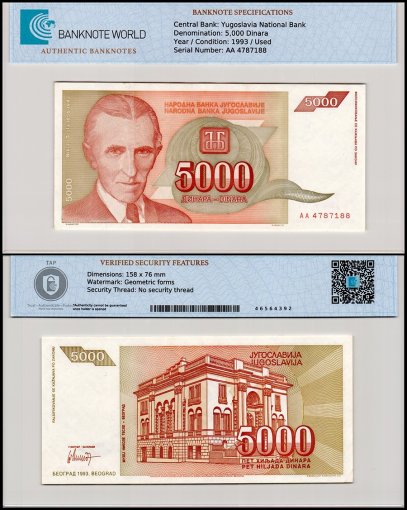 Yugoslavia 5,000 Dinara Banknote, 1993, P-128, Used, TAP Authenticated