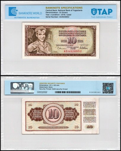 Yugoslavia 10 Dinara Banknote, 1978, P-87a, Used, TAP Authenticated