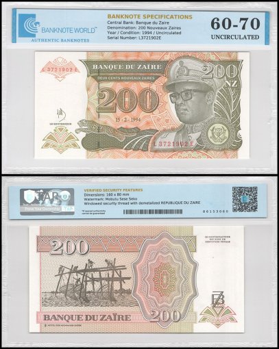 Zaire 200 Nouveaux Zaires Banknote, 1994, P-61, UNC, TAP 60-70 Authenticated