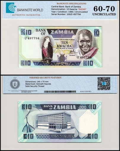 Zambia 10 Kwacha Banknote, 1980-1988 ND, P-26d, UNC, Radar Serial #100/D 497794, TAP 60-70 Authenticated