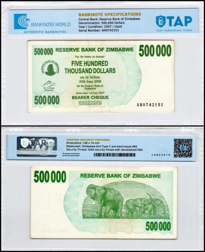 Zimbabwe 500,000 Dollars Bearer Cheque, 2007, P-51, Used, TAP Authenticated