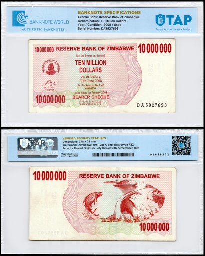 Zimbabwe 10 Million Dollars Bearer Cheque, 2008, P-55, Used, TAP Authenticated