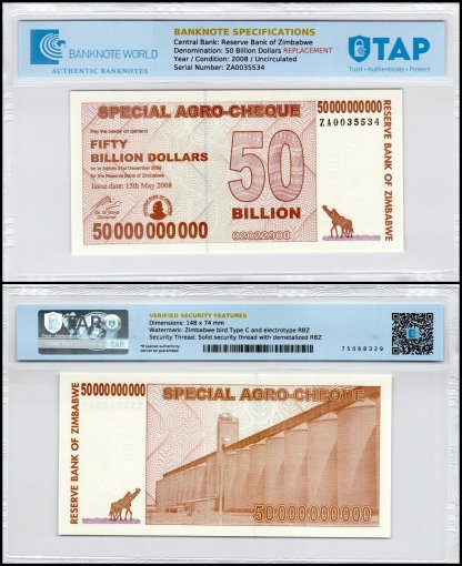 Zimbabwe 50 Billion Dollars Special Agro Cheque, 2008, P-63z, UNC, Replacement, TAP Authenticated