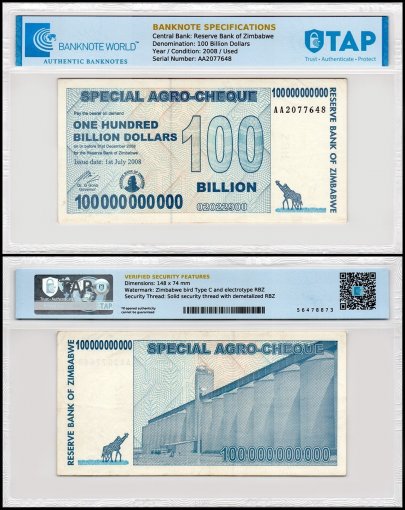 Zimbabwe 100 Billion Dollars Special Agro Cheque, 2008, P-64, Used, TAP Authenticated
