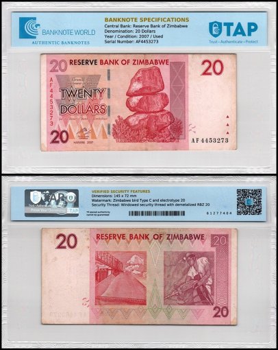 Zimbabwe 20 Dollars Banknote, 2007, P-68, Used, TAP Authenticated