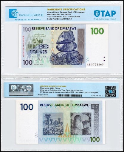 Zimbabwe 100 Dollars Banknote, 2007, P-69, UNC, TAP Authenticated