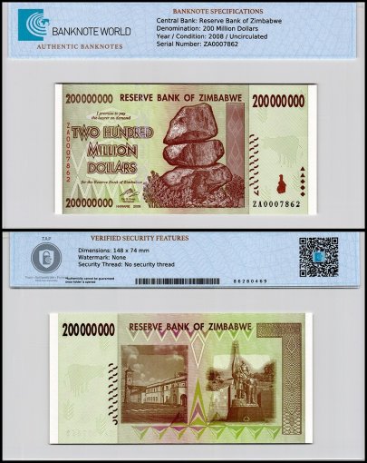 Zimbabwe 200 Million Dollars Banknote, 2008, P-81z, UNC, Replacement, TAP Authenticated