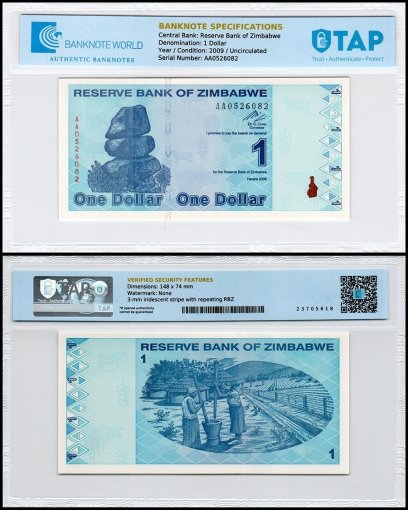 Zimbabwe 1 Dollar Banknote, 2009, P-92, UNC, TAP Authenticated