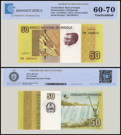 Angola 50 Kwanzas Banknote, 2012, P-152, UNC, TAP 60-70 Authenticated