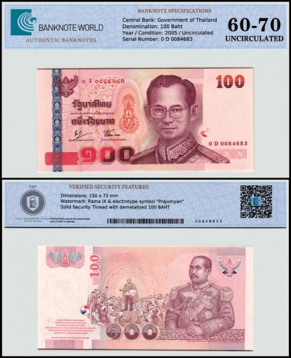 Thailand 100 Baht Banknote, 2005, P-114a.1, UNC, TAP 60-70 Authenticated