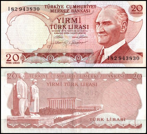 Turkey 20 Lira Banknote, L.1970 (1974 ND), P-187, Used