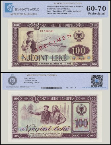Albania 100 Leke Banknote, 1976, P-46s2, UNC, Specimen, TAP 60-70 Authenticated