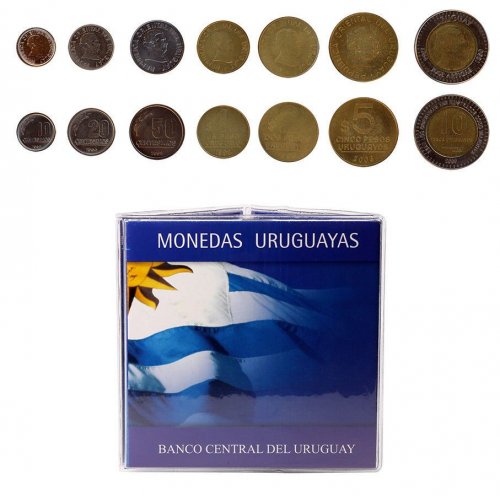 Uruguay 10 Centesimos - 10 Pesos, 7 Piece Coin Set, 1994-2000, Mint, Folder
